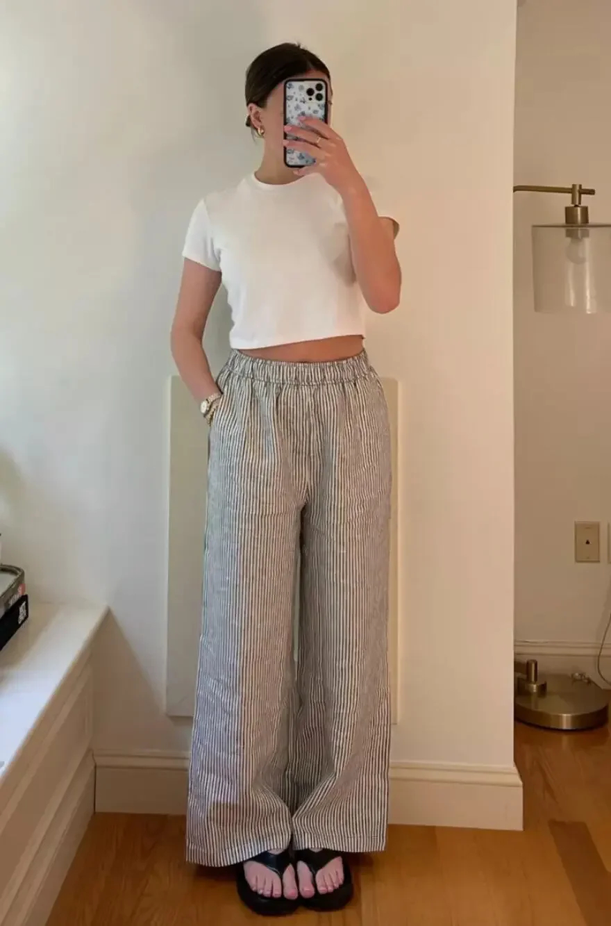 Reformation | Ava Linen Pants in Black White Stripe S